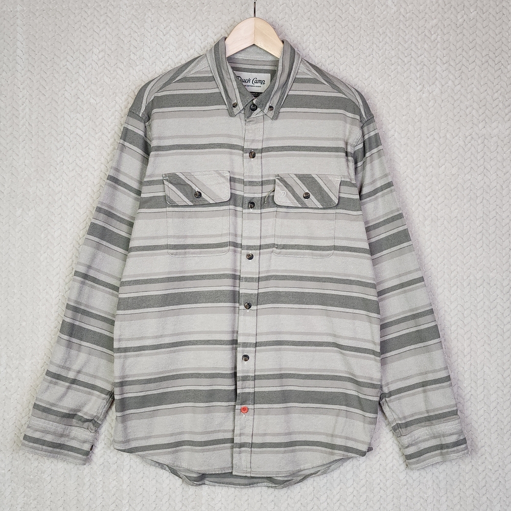 Duck Camp Flannel Shirt‎ Mens Medium Gray Green Stripe Button Front Outdoor